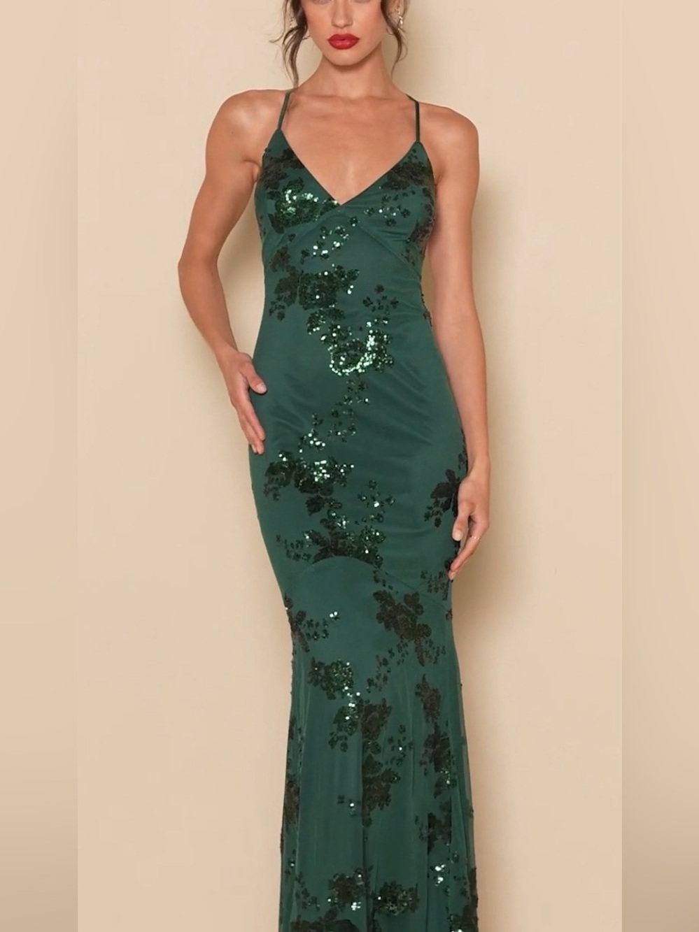 Lulu's Valhalla Forest Green Sequin Lace-Up Maxi Dress